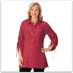Cinch Sleeve Tunic with 3/4 Sleeves and Button Front