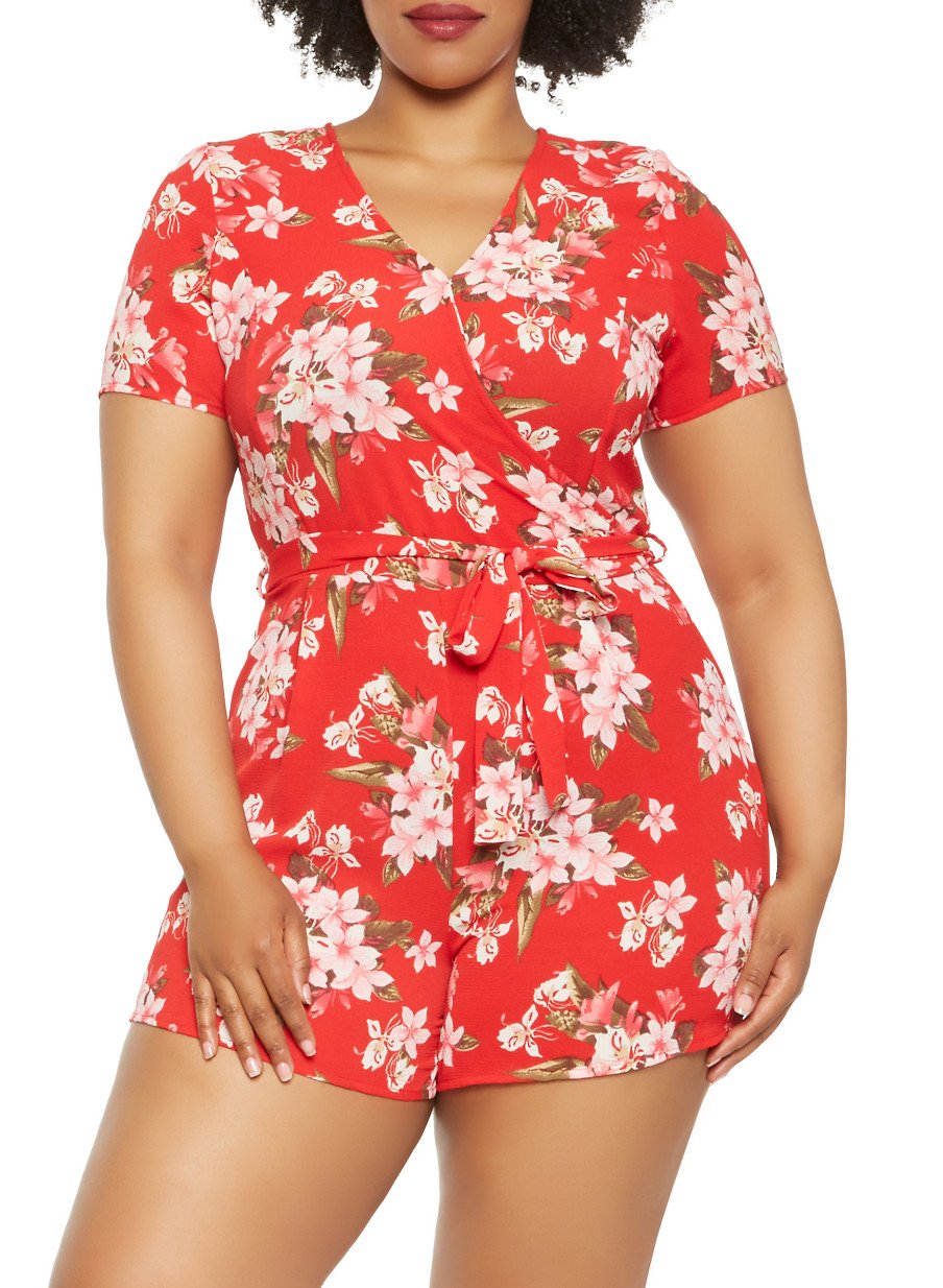 Plus Size Floral Faux Wrap Romper