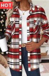 Red Patchwork Plaid Long Sleeve Turn Down Collar Coat