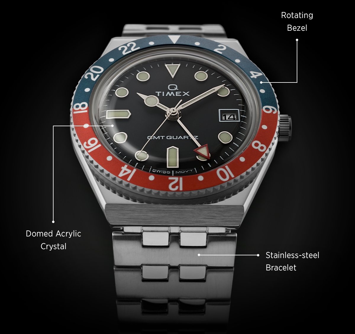 Rotating Bezel | Domed Acrylic Crystal | Stainless-steel Bracelet