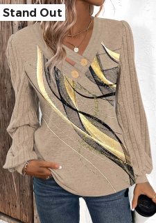 Light Camel Button Geometric Print Long Sleeve T Shirt