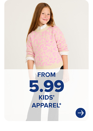 A girl in a pink top. From 5.99 kids' apparel.