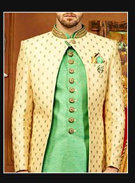 Embroidered Art Silk Sherwani Jacket Set in Light Green and Off White