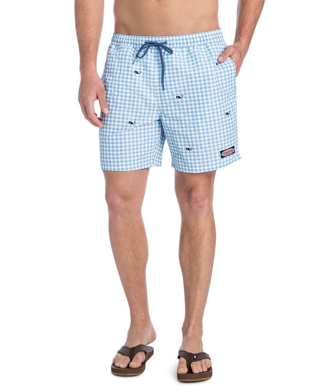 Printed Gingham With Whale Embroidered Chappy Trunks