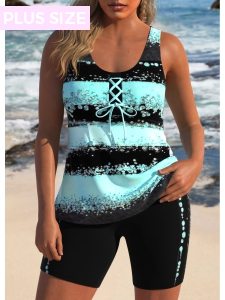 ROTITA Plus Size Lace Up Striped Mint Green Tankini Set