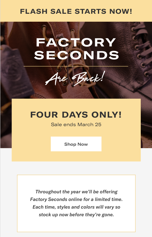 Factory Seconds Are Back! Four Days Only! Sale ends March 25 Shop Now