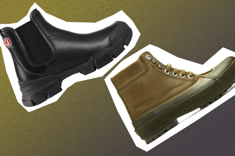 Two boots on a yellow and black leather background