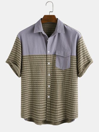Mens 100% Cotton Patchwork Turn Down Collar Short Sleeve Shirts