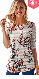 Printed Button Back Round Neck T Shirt