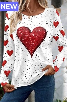 White Valentine\'s Day Print Long Sleeve T Shirt