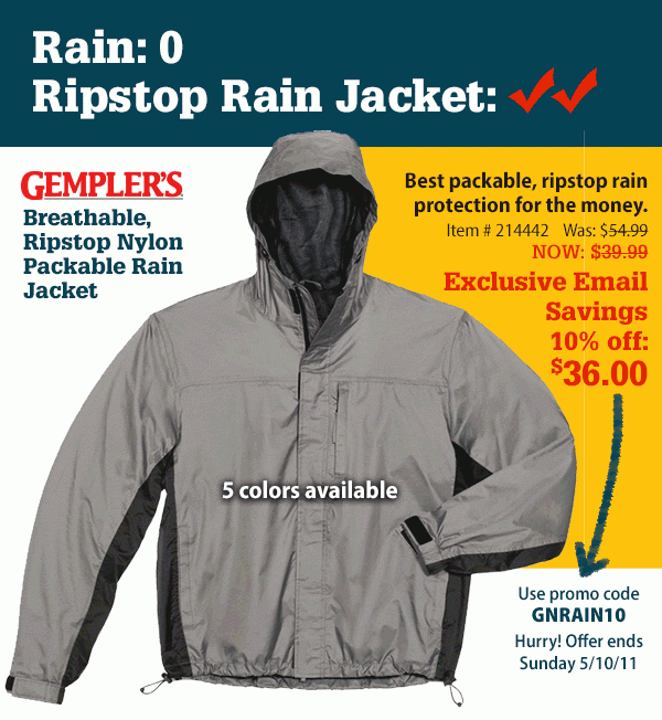 Gempler's Breathable, Ripstop Nylon PackableRain Jacket Only $36.00