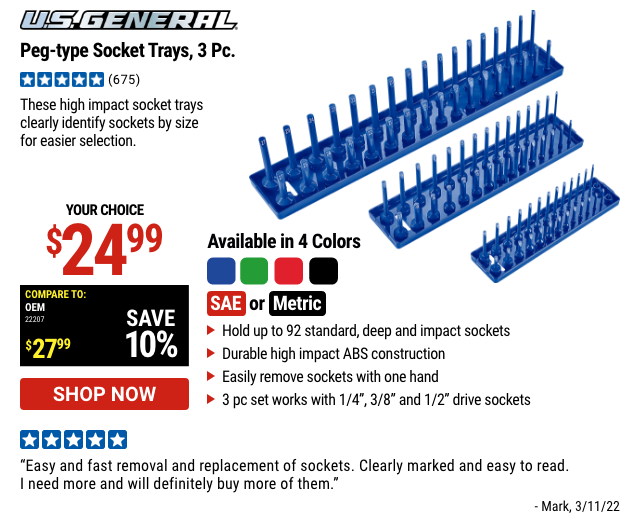 US GENERAL: Peg-Type Socket Trays, 3 pc.