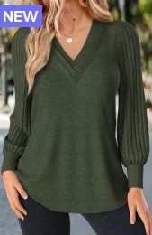 Olive Green Patchwork Long Sleeve V Neck T Shirt