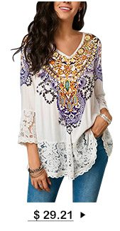 Lace Patchwork Three Quarter Sleeve Blouse