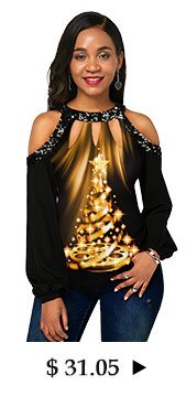 Christmas Tree Print Sequin Detail Cold Shoulder T Shirt 