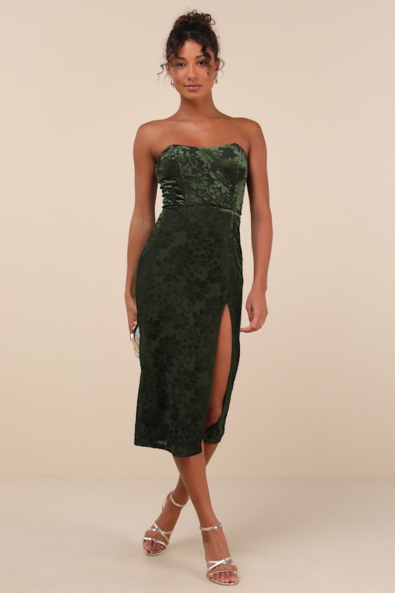 Image of Enchantingly Chic Dark Green Velvet Burnout Strapless Midi Dress