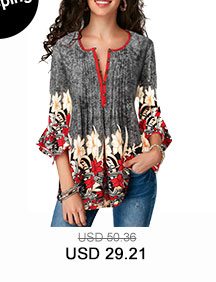 Printed Button Up Pleated Three Quarter Sleeve Blouse