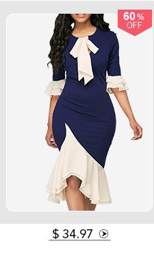 Tie Neck Frill Hem Flare Cuff Sheath Dress