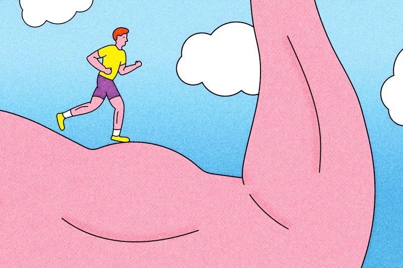 Illustration of a man running on top of a gigantic, muscular bicep
