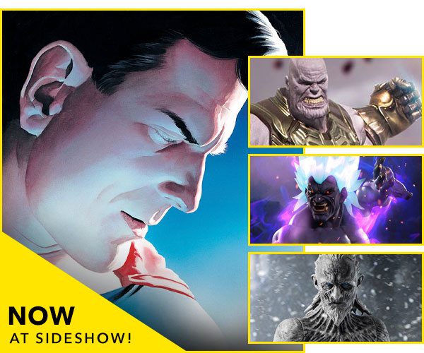 Image of Superman art print, Thanos 1:10 scale statue, Akuma statue and the White Walker sixth scale figure. All now available!