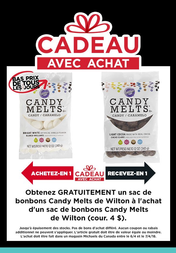 GWP: Free Wilton® Candy Melts bag with the purchase of a Wilton® Candy Melts bag (Reg. $4).