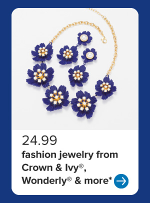 An image of a floral statement necklace and matching earrings. Buy 1, get 1 free fashion jewelry from Crown and Ivy, Wonderly and more..