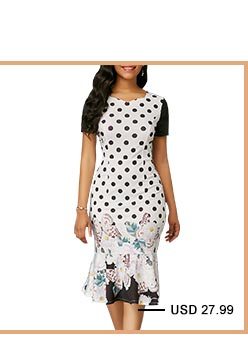 Polka Dot Print Frill Hem White Sheath Dress