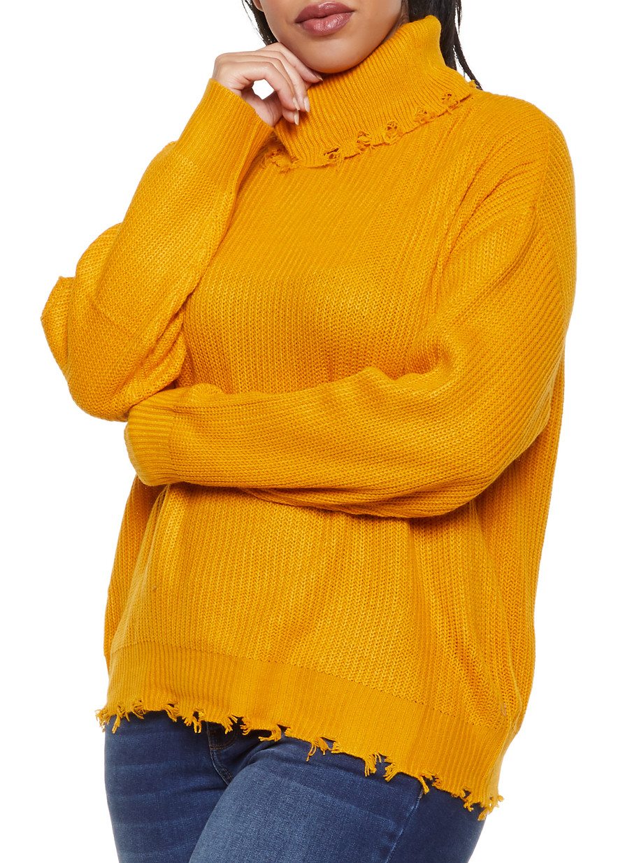 Plus Size Frayed Turtleneck Sweater