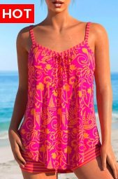 Bowknot Graffiti Print Hot Pink Tankini Set