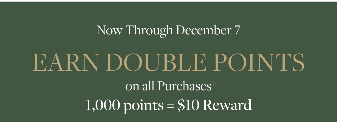 Now Through December 7 Earn Double Points on all Purchases 1,000 points = $10 Reward