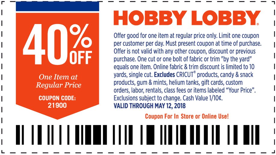 40% Off One Item At Regular Price. Valid through May 12, 2018. *See Full Coupon For Details