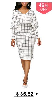 V Neck Grid Print Cape White Sheath Dress