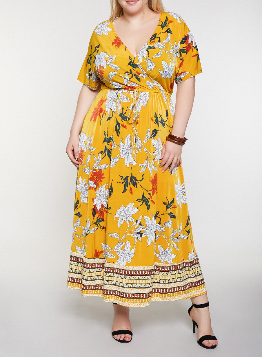 Plus Size Border Floral Print Maxi Dress