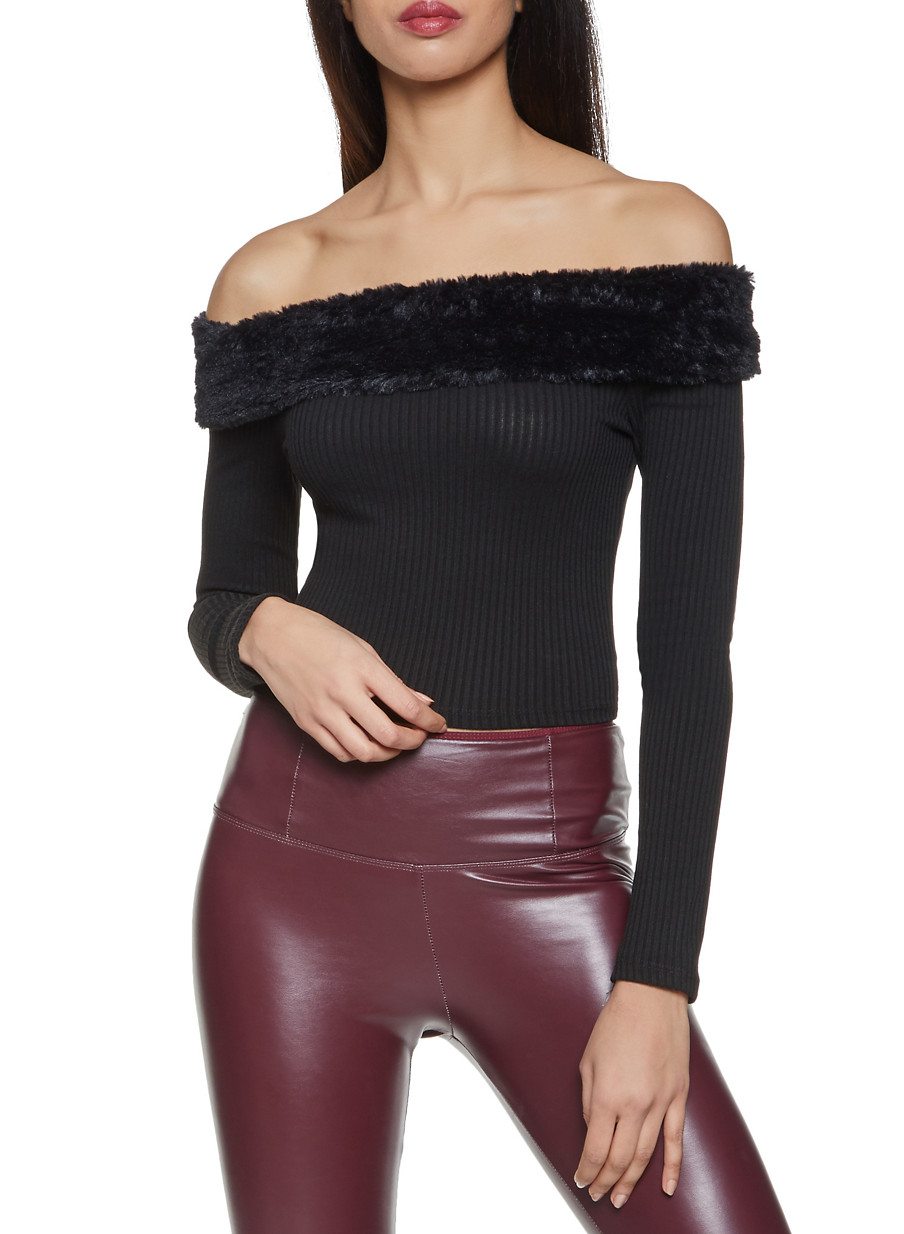 Faux Fur Trim Off the Shoulder Crop Top