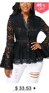 Flare Sleeve Button Front Black Lace Blouse