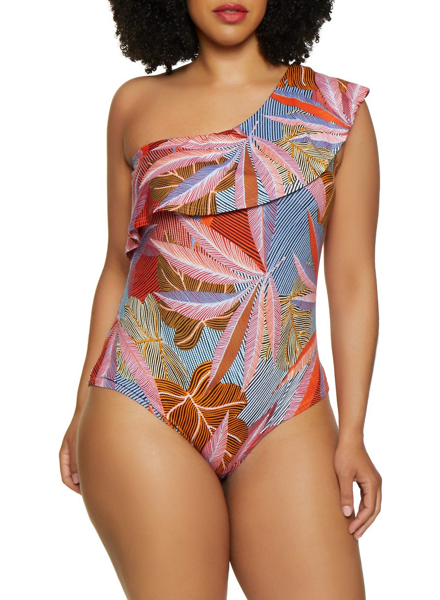 Plus Size Tropical One Shoulder Bodysuit