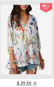 Printed Three Quarter Sleeve Button Neck Blouse