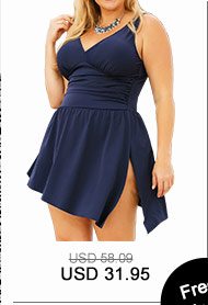 Plus Wide Strap Side Slit Navy One Piece Swimdress