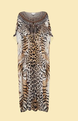 Round neck kaftan in jaguar leopard print