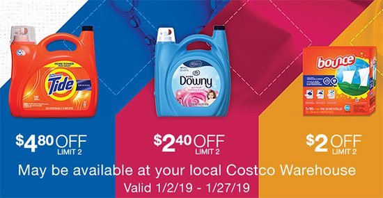 Take Clean to the Next Level with Tide, Downy and Bounce up to $4.80 OFF. Valid 1/2/19 - 1/27/19.