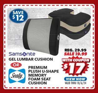 Samsonite Gel Lumbar Cushion or Sealy Premium Plush U-Shape Memory Foam Seat Cushion