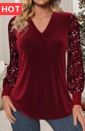 Wine Red Velvet Long Sleeve V Neck T Shirt