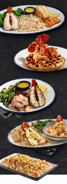 An array of 5 Lobsterfest dishes disappear one by one until they're all gone. Then all 5 dishes reappear again. 