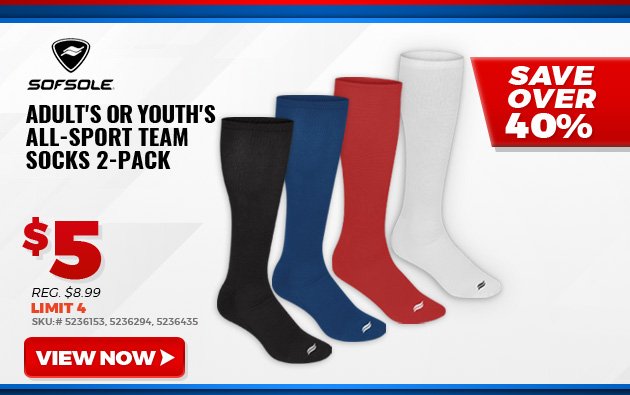 SOF SOLE ADULT'S OR YOUTH'S ALL-SPORT TEAM SOCKS - 2-PACK