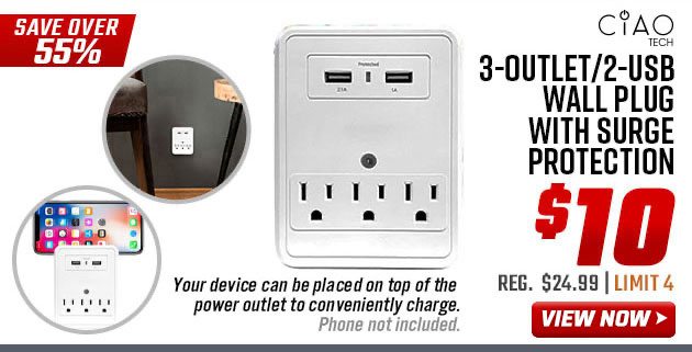 CIAO TECH 3-Outlet/2-USB Wall Plug With Surge Protection