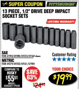 13 Pc 1/2 in. Drive SAE Impact Deep Socket Set