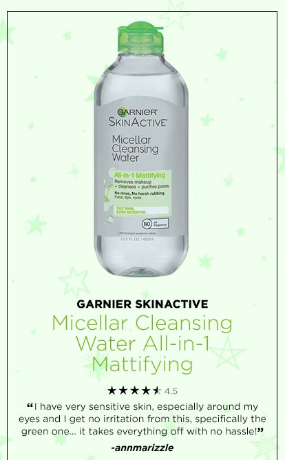 ARNIER SKINACTIVE - Micellar Cleansing Water All-in-1 Mattifying - 4.5 - “I have very sensitive skin, especially around my eyes and I get no irritation from this, specifically the green one... it takes everything off with no hassle!” -annmarizzle