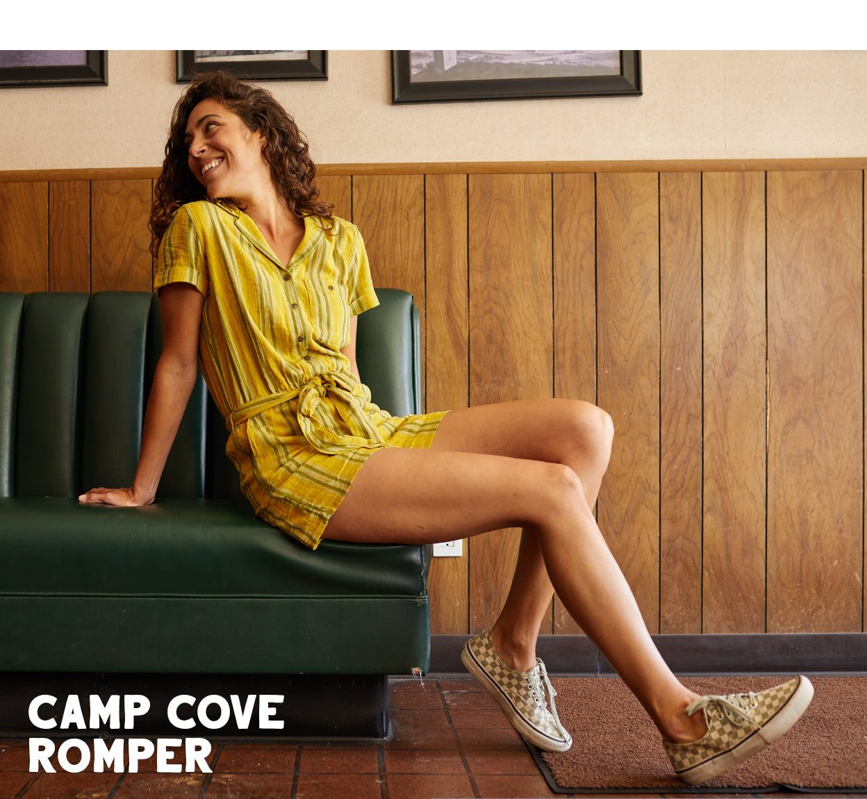 Camp Cove Short Sleeve Romper in Lemon Stripe