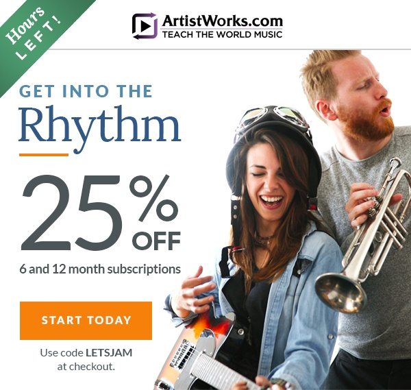 Get into the rhythm with 25% off any 6 or 12 month subscription. Learn music online with ArtistWorks.com.