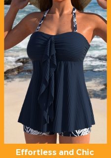 Ruffle Tropical Plants Print Navy Tankini Set